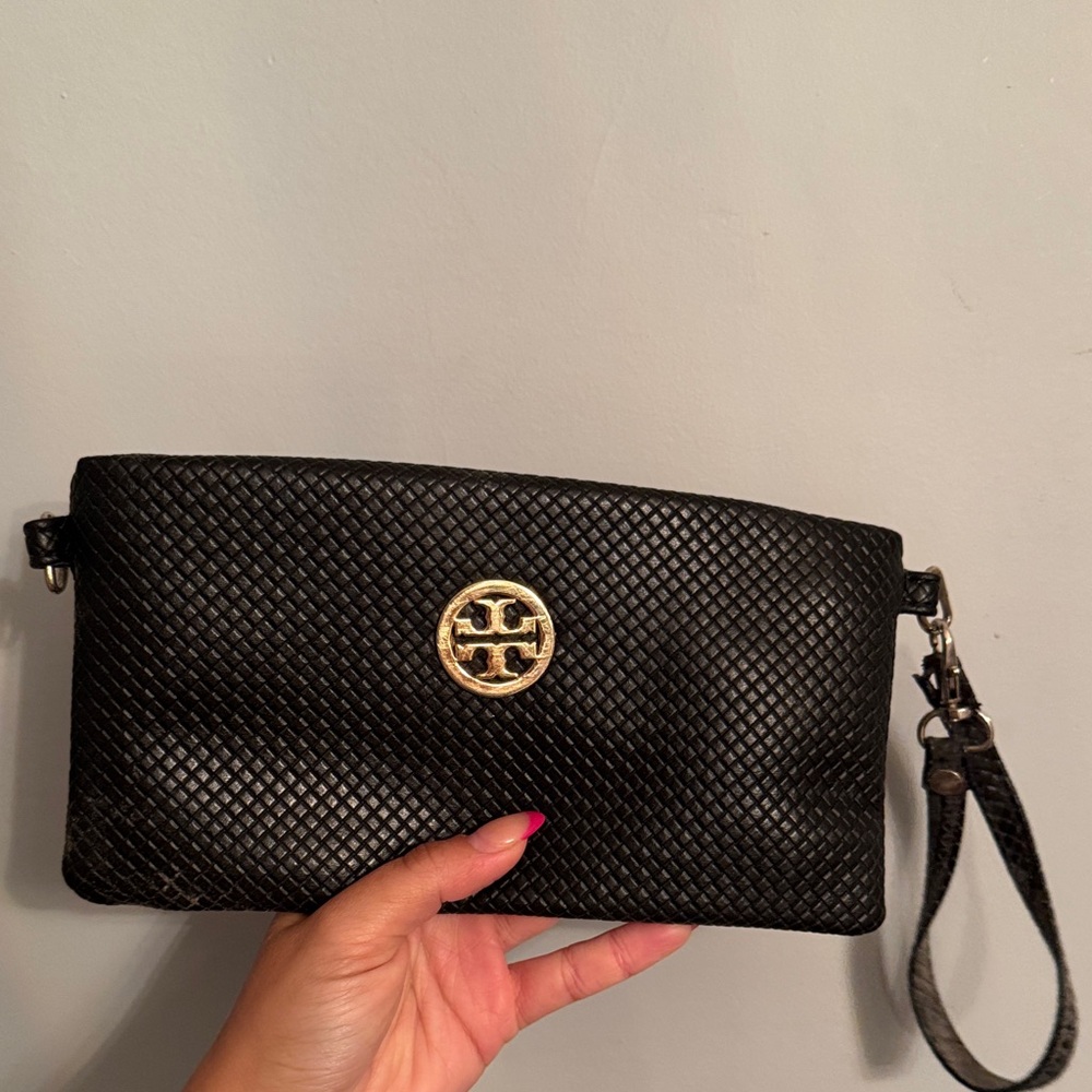 Tory Burch Black Woven Clutch with Gold Logo